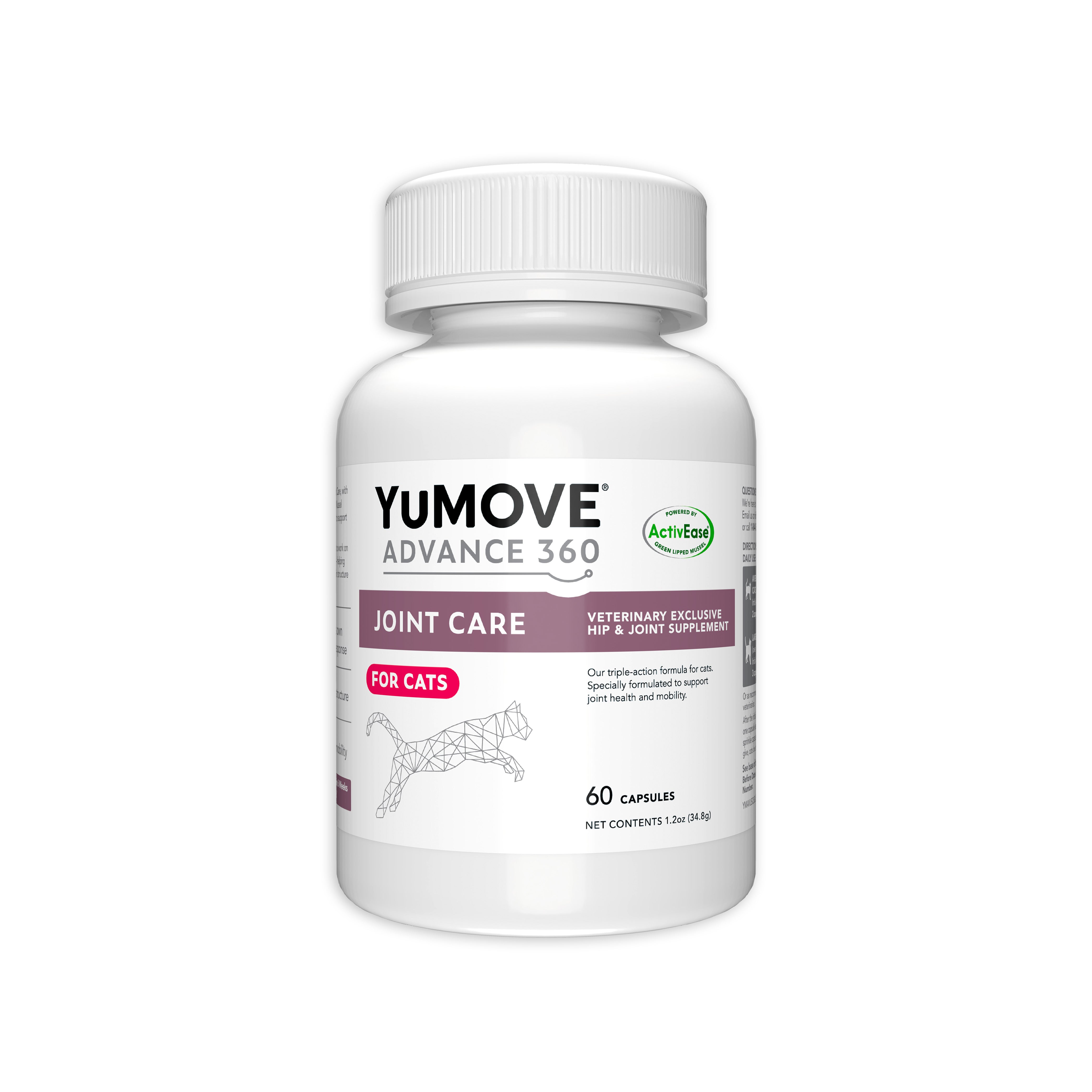 A white bottle of YuMOVE ADVANCE 360 Joint Care for Cats, with a geometric wireframe cat illustration, labeled as a veterinary exclusive hip & joint supplement, containing 60 capsules with net contents of 1.2 oz (34g).