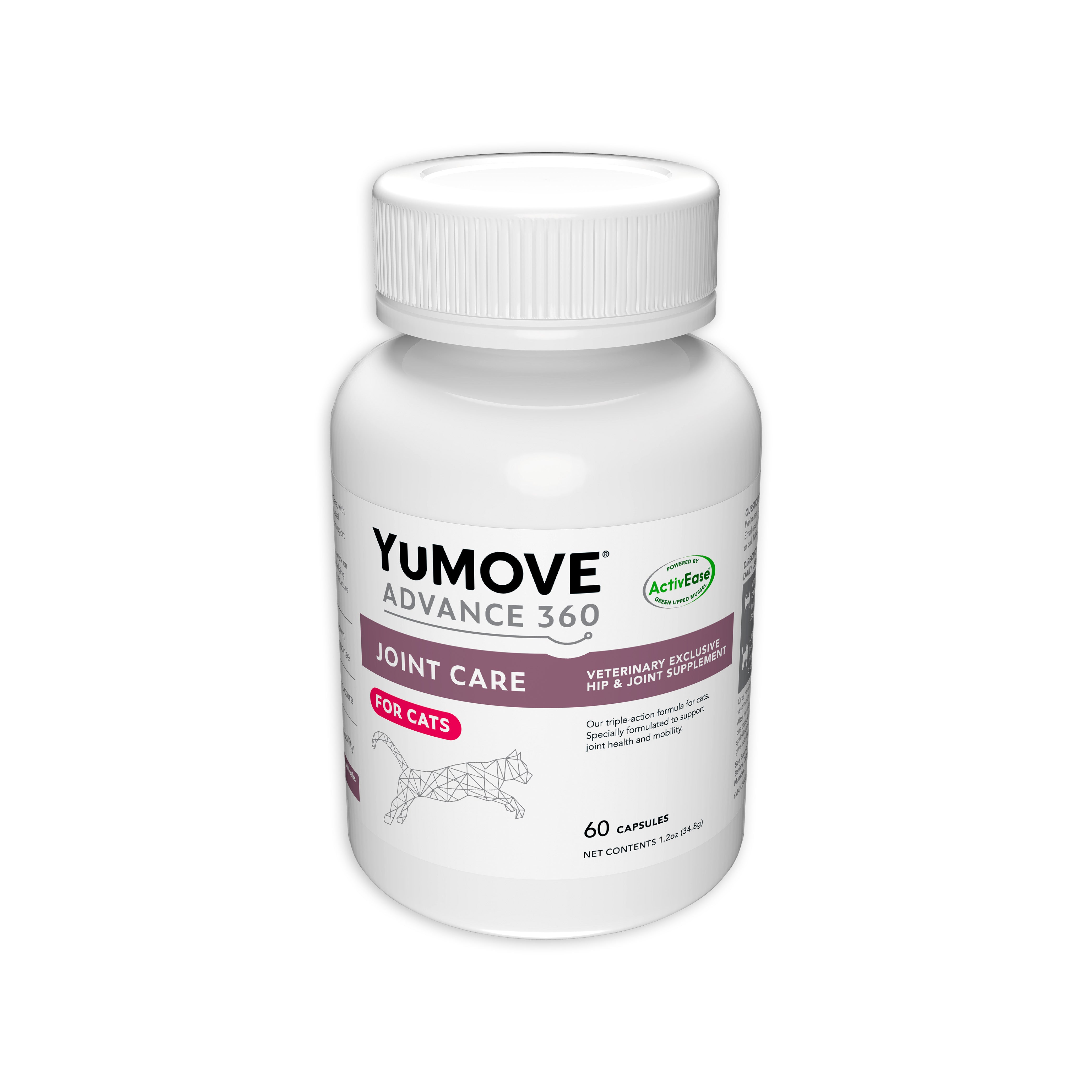 A white bottle of YuMOVE ADVANCE 360 Joint Care for Cats, with a geometric wireframe cat illustration, labeled as a veterinary exclusive hip & joint supplement, containing 60 capsules with net contents of 1.2 oz (34g).