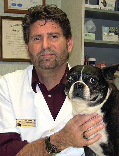 This image is of Dr. Craig Prior, B.V.Sc., C.V.J. (General Practitioner) and a black and white dog.