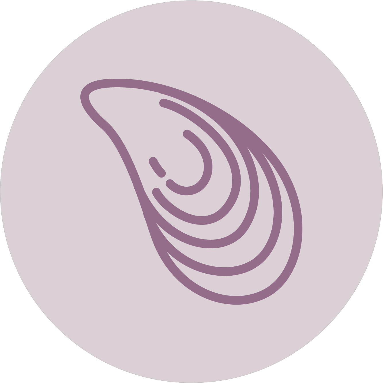 A graphic of a stylized Green Lipped Mussel on a circular purple background.