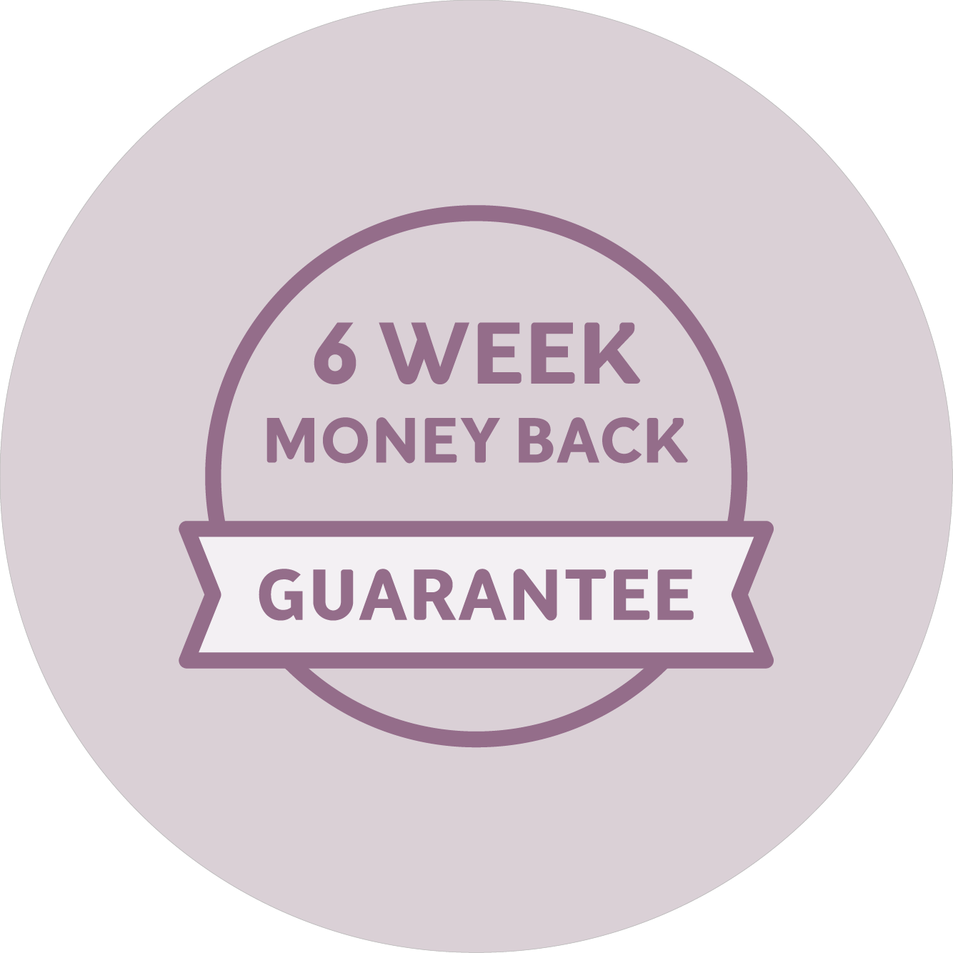 A graphic of a stylized badge with the text "6 WEEK MONEY BACK GUARANTEE" on a circular purple background.