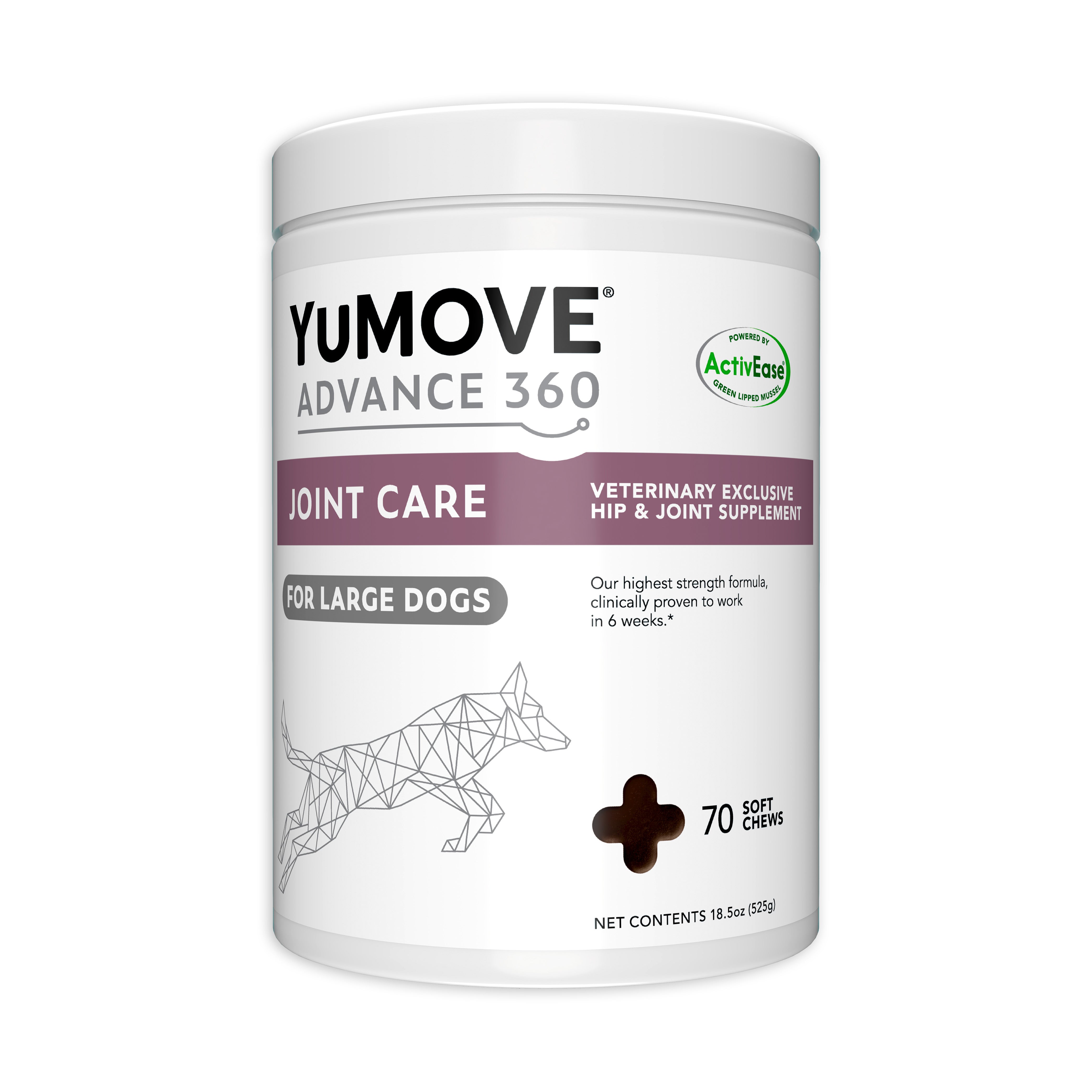 A white container of YuMOVE ADVANCE 360 Joint Care for Large Dogs, featuring a geometric wireframe dog illustration, labeled as a veterinary exclusive hip & joint supplement, with 70 soft chews, net contents 18.5 oz (525g).