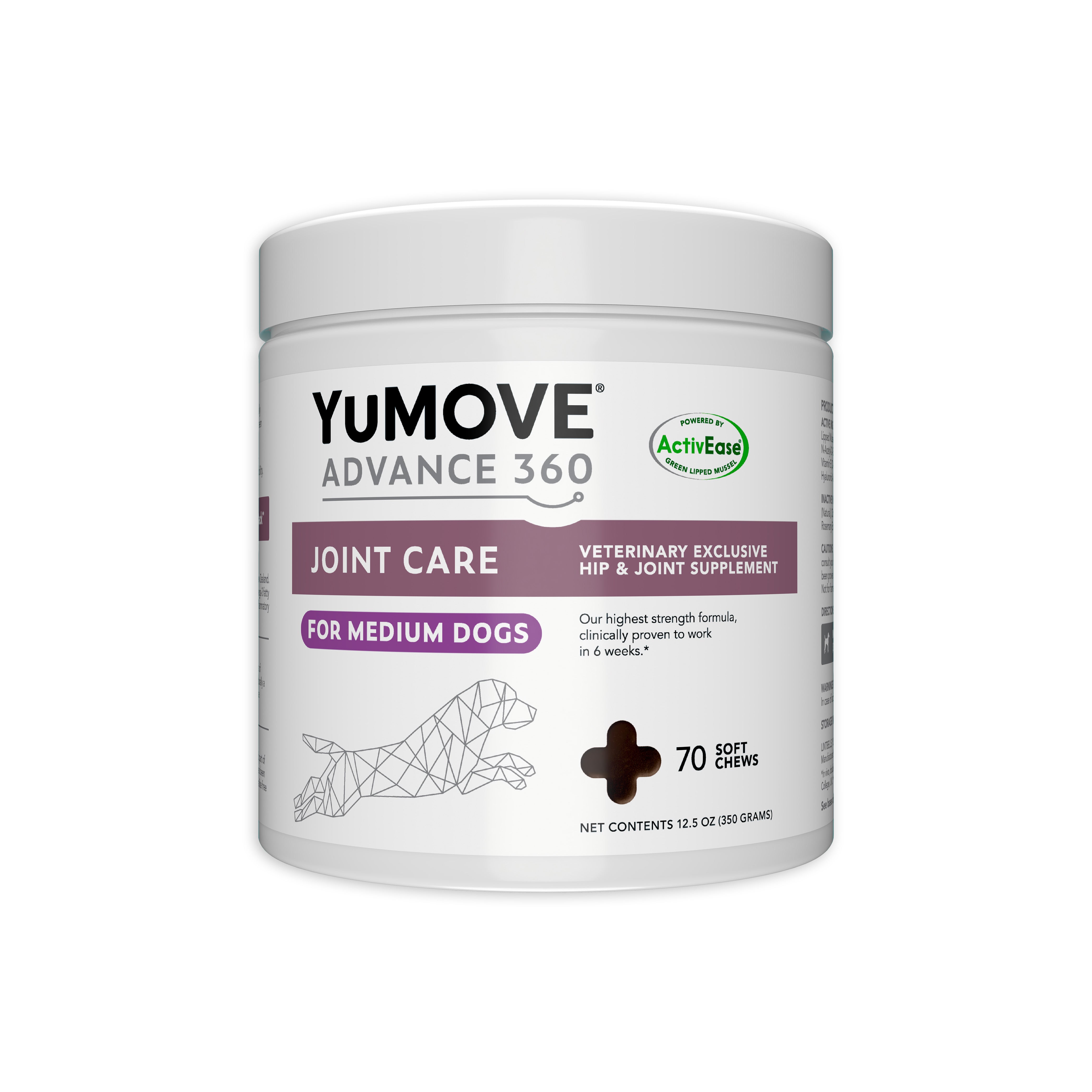 A container of YUMOVE ADVANCE 360 Joint Care for Medium Dogs, with a wireframe dog illustration, labeled as a veterinary exclusive hip & joint supplement, and indicating 70 soft chews, net contents 12.5 oz (350g).