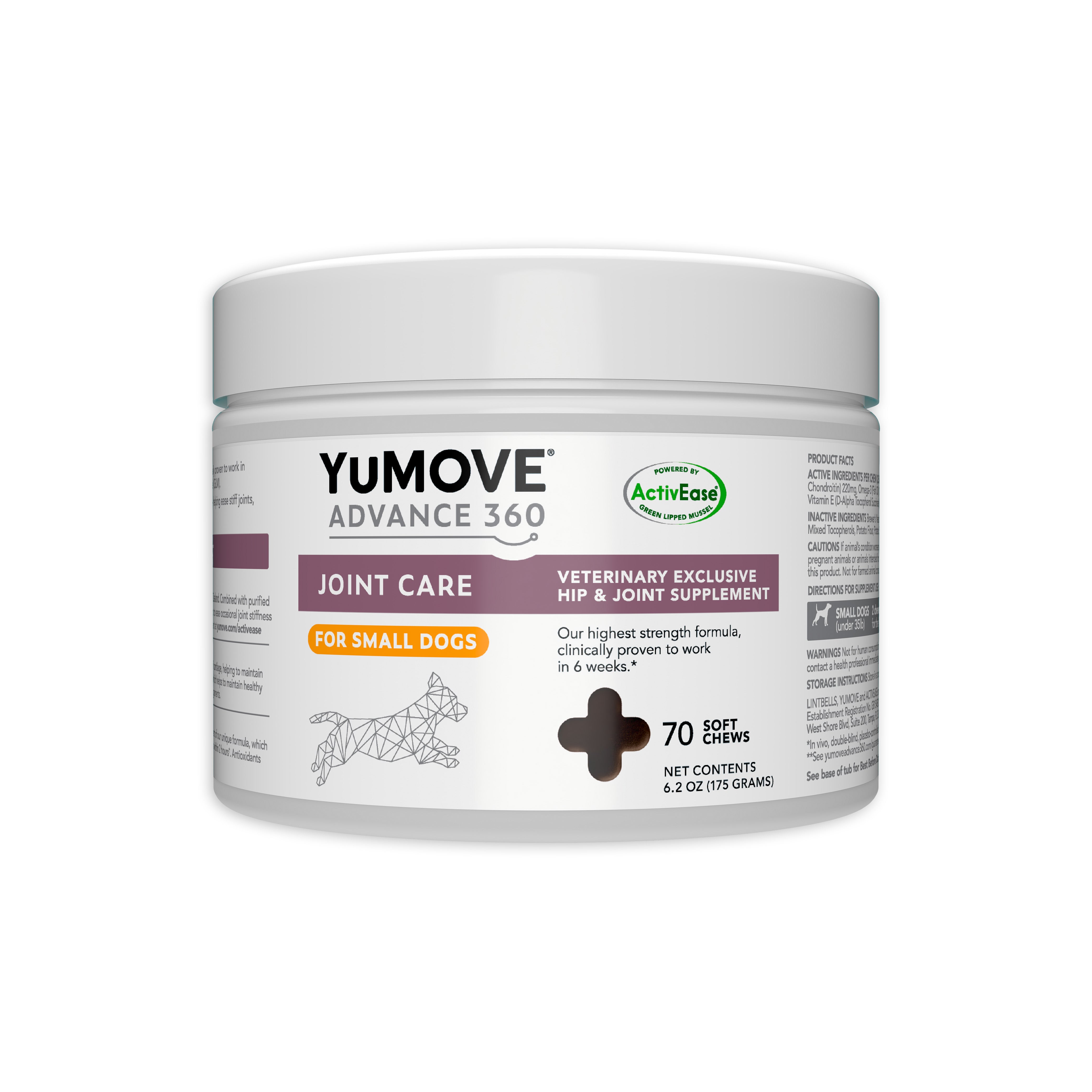 A container of YuMOVE ADVANCE 360 Joint Care for Small Dogs, with a wireframe dog illustration, labeled as a veterinary exclusive hip & joint supplement, and indicating 70 soft chews, net contents 6.2 oz (175g).