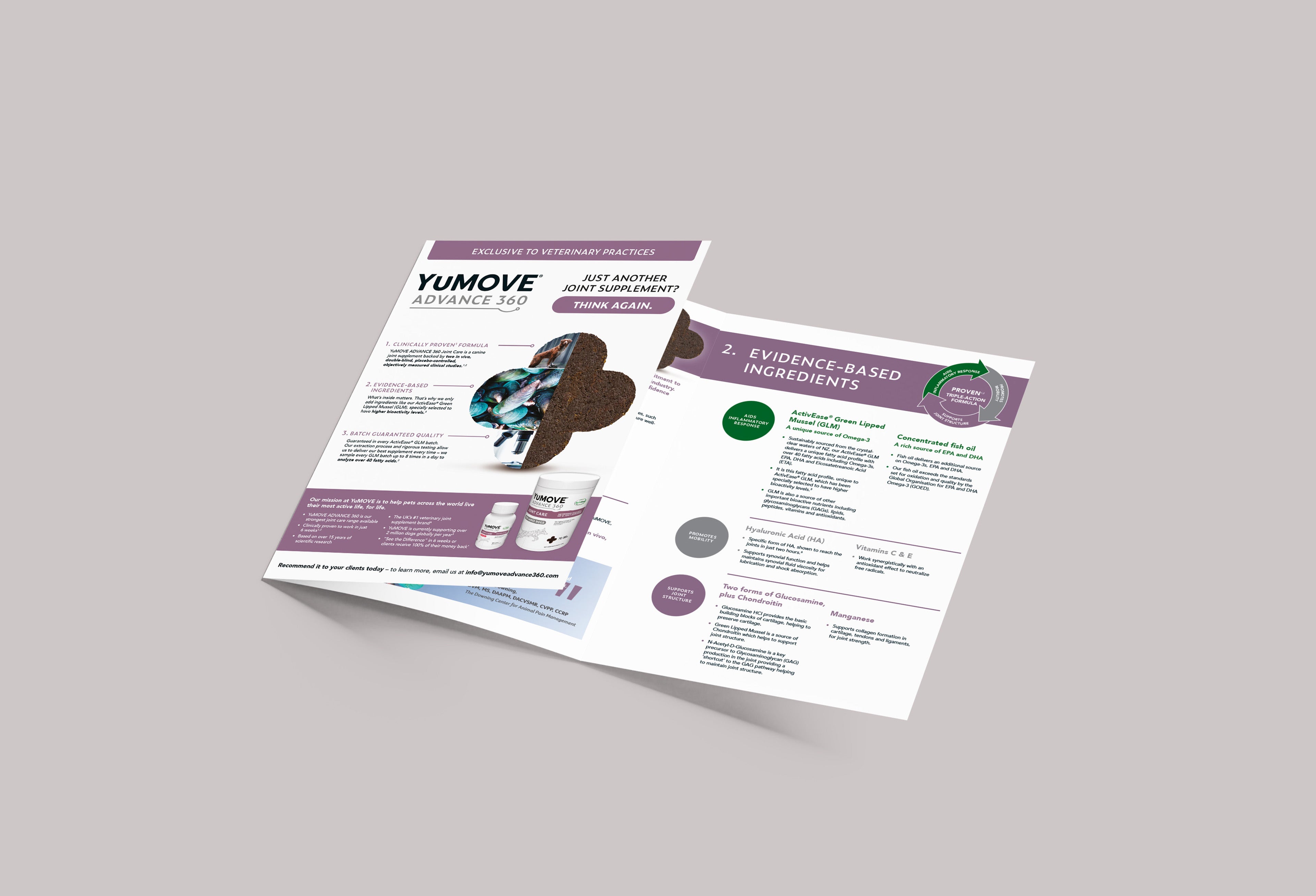 The image shows a brochure for YuMOVE ADVANCE 360 Joint Care supplements, highlighting key features and ingredients. It is angled to display both the front and inner content, with text and diagrams emphasizing the product's benefits.