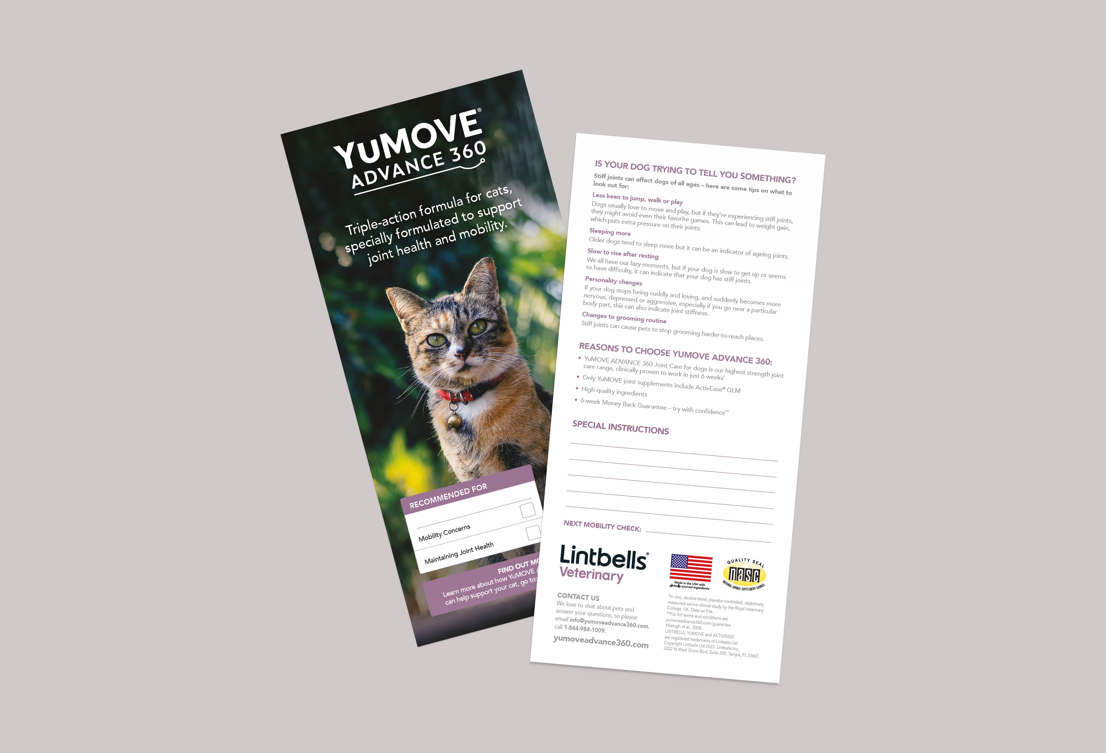 The image is a leaflet for YuMOVE ADVANCE 360 Joint Care for Cats, a triple-action formula for cats, focusing on joint health and mobility. It includes sections on recognizing signs of joint discomfort in pets, reasons to choose this specific brand, and special instructions for use. There's also a photo of a cat on the cover.